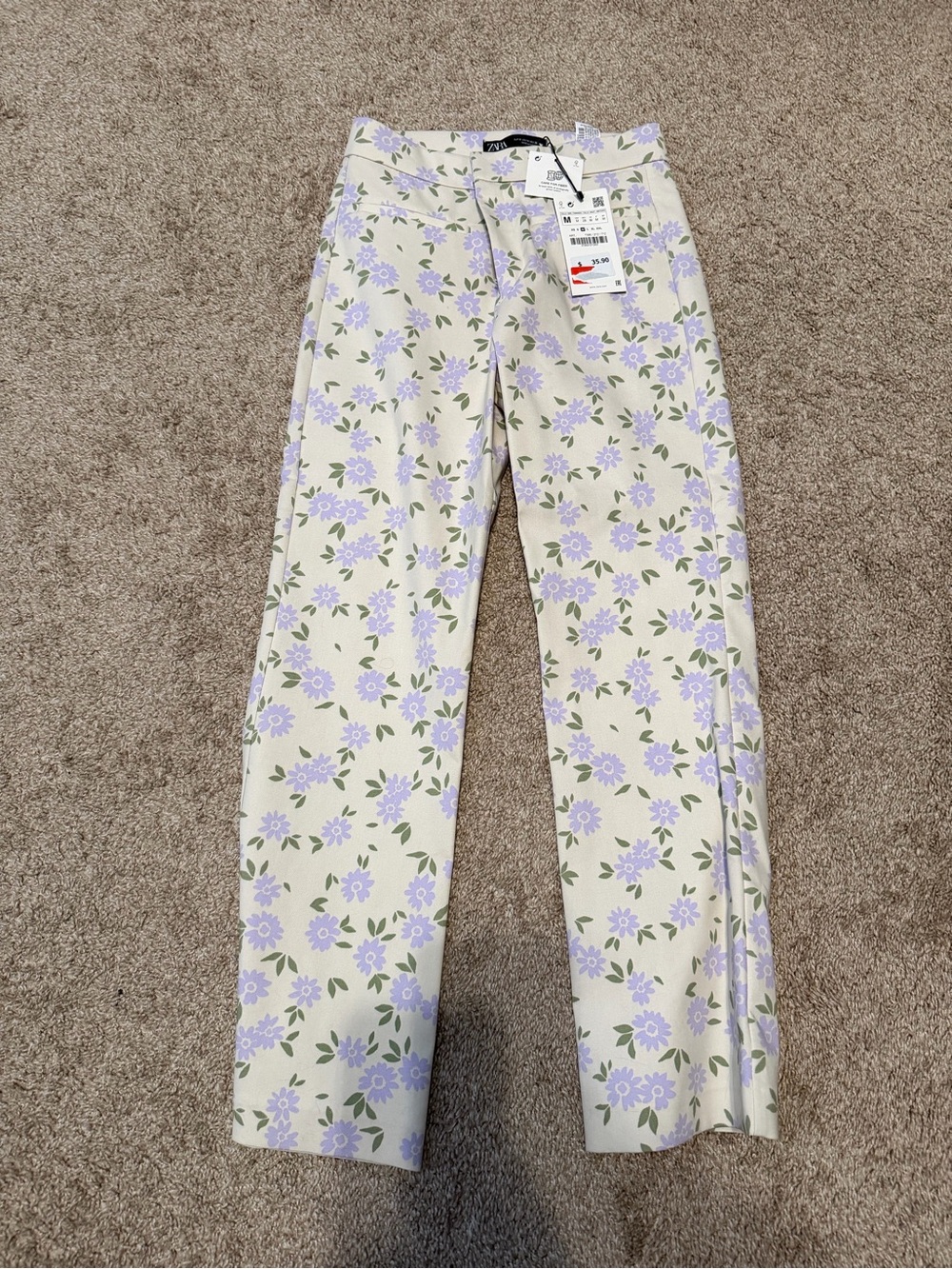 Zara Cream Straight-Leg Jeans with Lavender Floral Print